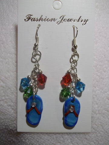 Silver Blue Glass Flip Flop Earrings (E762)