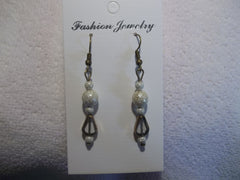 Antique White Clear Bronze Trim Glass Bead Earrings (E764)