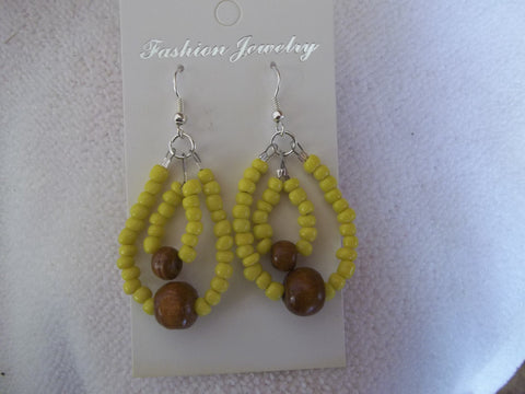 Silver Double Yellow Seed Bead Wooden Bead Earrings (E774)