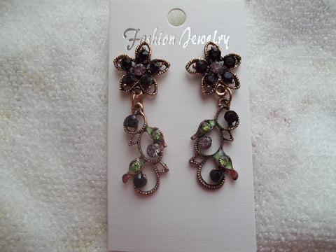 Rose Gold Purple Flower Stud Dangle Earrings (E871)