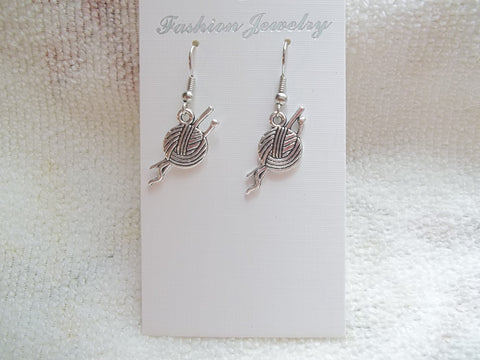 Silver Ball of Yarn Knitting Needles Earrings (E881)
