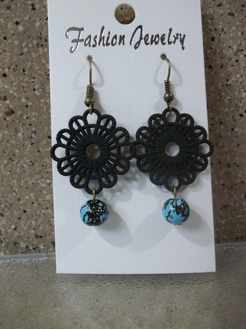 Bronze Black Metal Lace Glass Bead Earrings (E930)