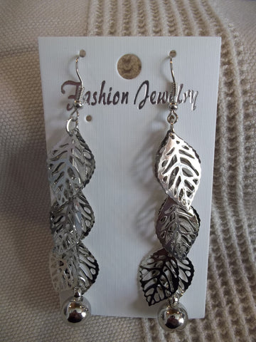 Silver Leaf Silver Bead Long Earrings (E942)