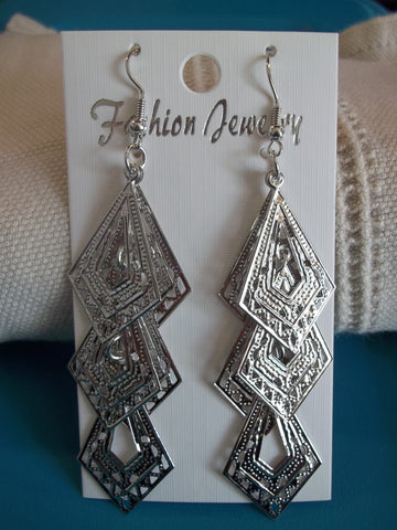 Silver Diamond Shape Tear Drop Earrings (E946)