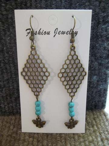 Bronze Turquiose Bee Hive Bee Earrings (E966)