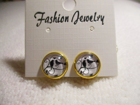 Gold Two Black Birds Bubble Clip Earrings (E973)