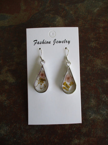Silver Tear Drop Dried Flowers Earrings (E982)