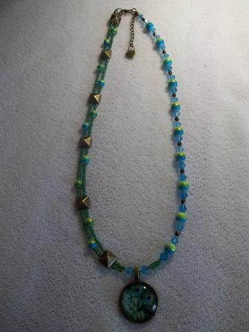 Bronze Blue Green Seed Glass Beads Peacock Feathers Bubble Pendant Necklace (N1025)