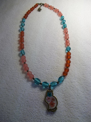 Bronze Dried Flower Cat Pendant Glass Beads Necklace (N1028)