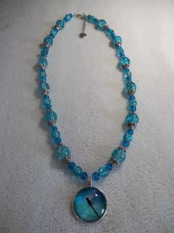 Silver Blue Crackle Glass Beads Silver Caps Silver Blue Dragonfly Pendant Necklace (N1030)