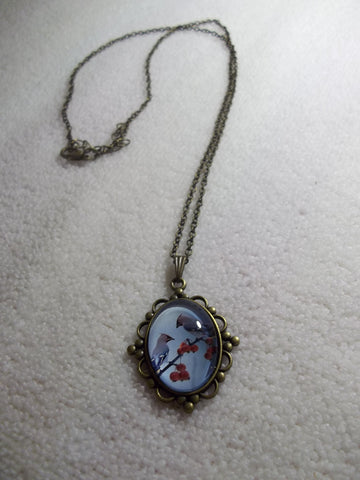 Bronze Oval Bubble Two Birds in Tree Red Berries Necklace (N1061)