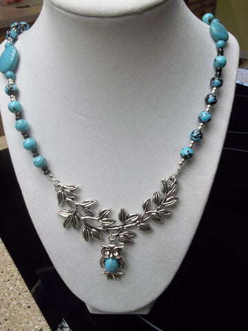 Silver Branch Turquoise Owl Pendant Necklace (N1065)