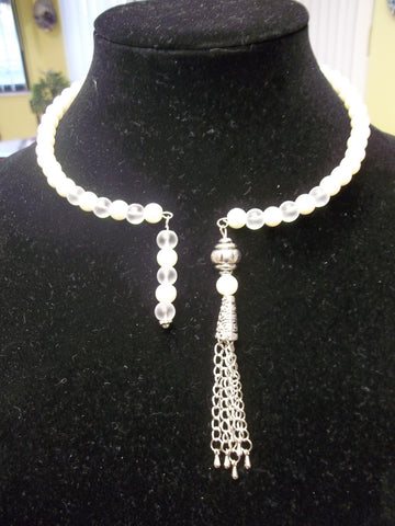 Memory Wire Front Open Pearl Chain Tassel Choker Necklace (N1072)