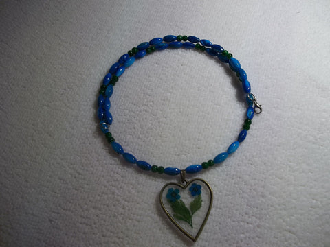 Memory Wire Mother of Pearl Blue Green Glass Beads Dried Flower Heart Pendant Choker Necklace (N1079)