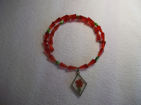 Memory Wire Red Cone Glass Beads Dried Flower Diamond Shaped Pendant Choker Necklace (N1084)