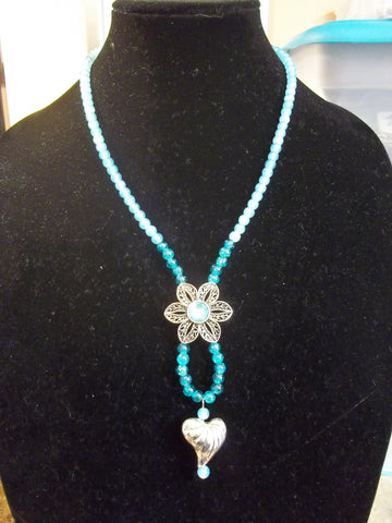 Blue Glass Beads, Silver Flower and Heart Pendant Necklace (N1097)