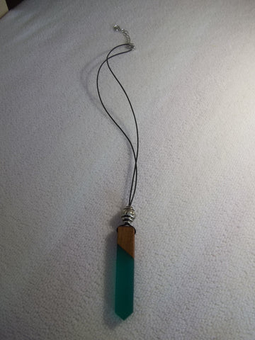 Black Cord Silver Bead Green Wood Pendant Necklace (N1112)