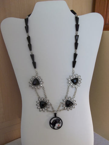 Silver Black Cone Glass Beads Bling Cat and Fish Necklace (N1133)