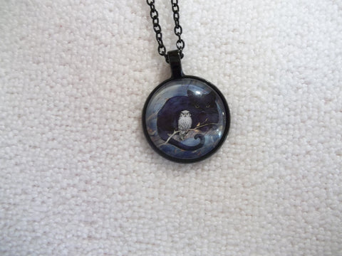 Black Bubble Pendant Cat with Owl Necklace (N1154)