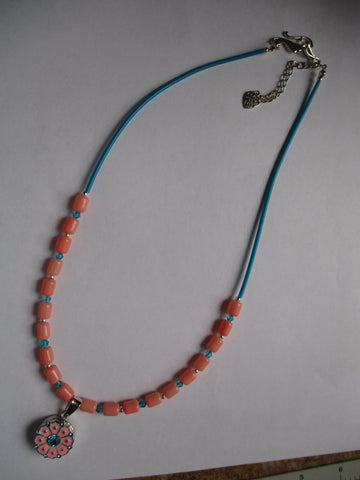 Silver Blue Pink Bead Snap Button Pendant Necklace (N1163)