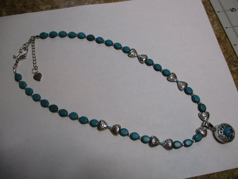 Silver Heart Beads Blue Glass Bead Snap Button Pendant Necklace (N1164)