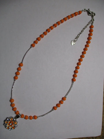 Silver Orange Glass Beads Snap Button Flower Pendant Necklace (N1165)