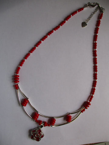Silver Red Glass Beads Snap Button Flower Pendant Necklace (N1167)