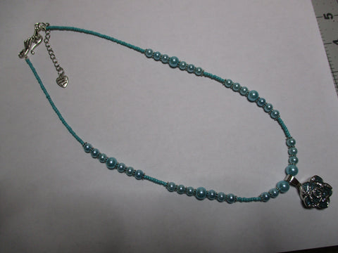 Silver Blue Glass Beads Blue Pearls Snap Button Flower Pendant Necklace (N1168)
