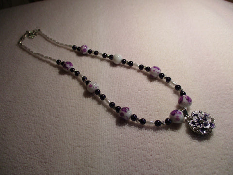 Silver Purple Glass Bead White Rice Pearl Beads Snap Button Flower Necklace (N1171)