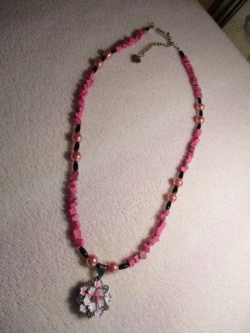 Silver Pink Chip Beads Pink Pearls Black Rice Beads Snap Button Flower Pendant Necklace (N1172)