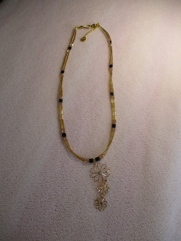 Gold Double Glass Bead Black Square Beads Gold Flowers Pendant Necklace (N1181)