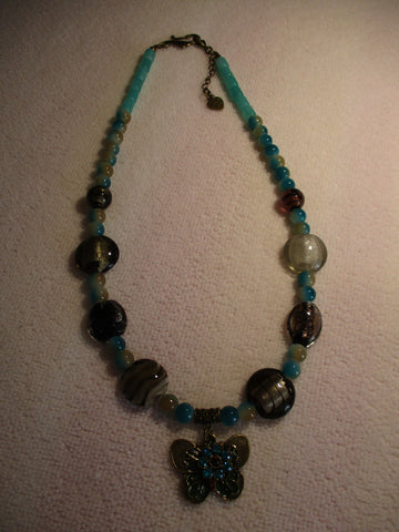 Bronze Brown Blue Glass Beads Butterfly Flower Pendant Necklace (N1191)