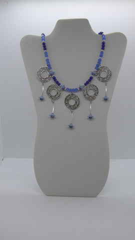 Silver Blue Flower Beads Silver Circle Charm Pendants Necklace (N1204)