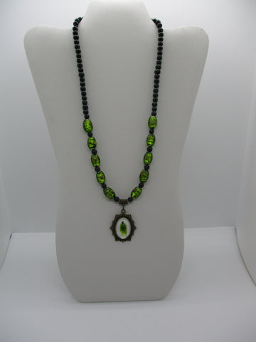 Bronze Dark Green Glass Beads Peacock Pendant Necklace (N1217)