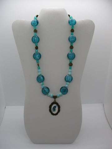 Bronze Aqua Green Glass Beads Feather Pendant Necklace (N1220)