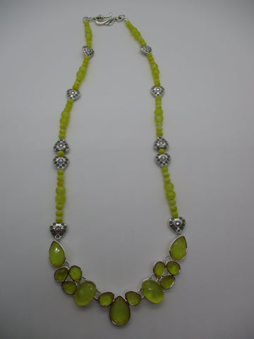 Silver Yellow Glass Beads Silver Hearts Pendant Charms Necklace (N1228)