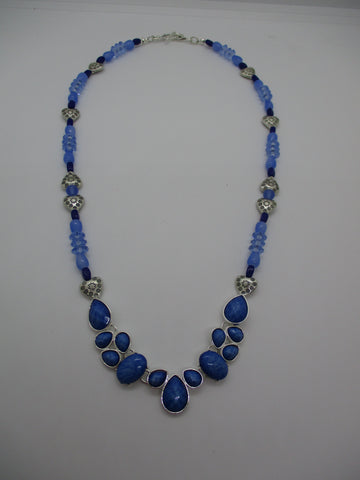 Blue Glass Beads Silver Hearts Charms Pendant Necklace (N1232)