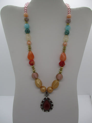 Multi Color Beads Red Tear Drop Pendant Necklace (N1233)
