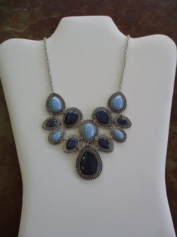 Silver Light Dark Blue Choker Pendant Necklace (N1242)