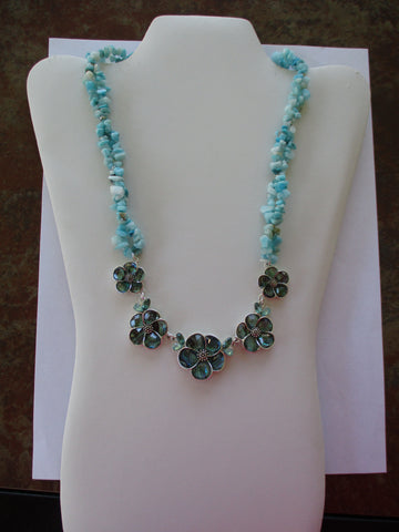 Blue Green Rock Chips Silver Blue Green Flowers Bib Necklace (N1254)