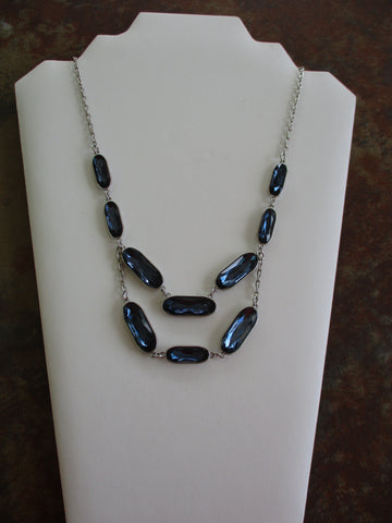 Silver Double Row Blue Oblong Pendant Necklace (N1267)
