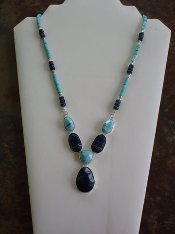 Silver Light Blue Dark Blue Glass Beads and Pendants Tie Necklace (N1269)