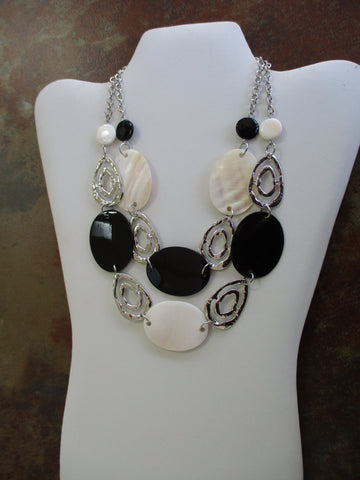 Silver Double Row Mother of Pearl White Black Shells Choker Necklace (N1277)