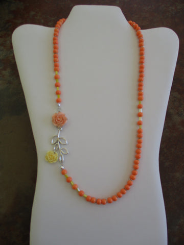 Silver Yellow Peach Glass Beads Peach Yellow Flower Pendants Silver Leaf Necklace (N1293)