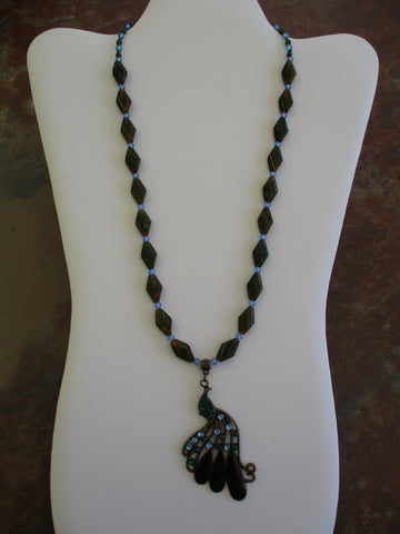 Bronze Blue Green Glass Beads Peacock Pendant Necklace (N1294)