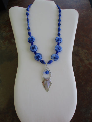 Silver Blue Glass Beads Silver Tear Drop Pendant Necklace (N1304)