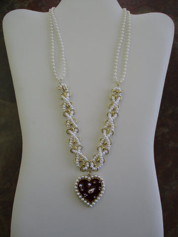 Gold White Pearls Red Pearls Heart Pendant Necklace (N1314)
