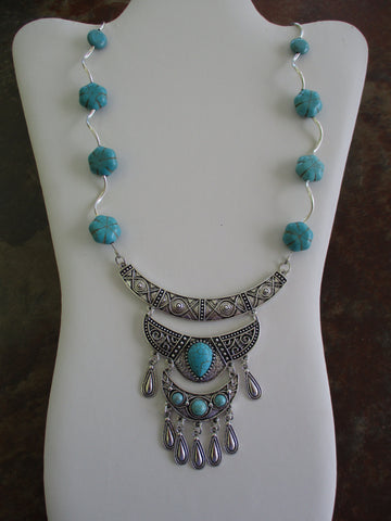 Silver Turquiose Glass Beads 3 Stacked Pendant Necklace (N1317)