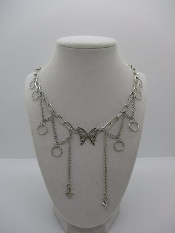 Silver Chains Circles Butterfly Pendant Choker Necklace (N1322)