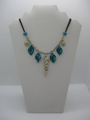 Black Cord Turquiose Glass Beads Shells Silver Chain Silver Beads Shell Pendant Necklace (N1339)